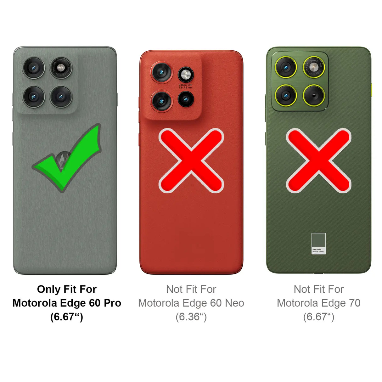 Drei Handy-Rückseiten: Grau mit Haken, Rot mit X, Grün mit X. Motorola Edge 60 Pro.