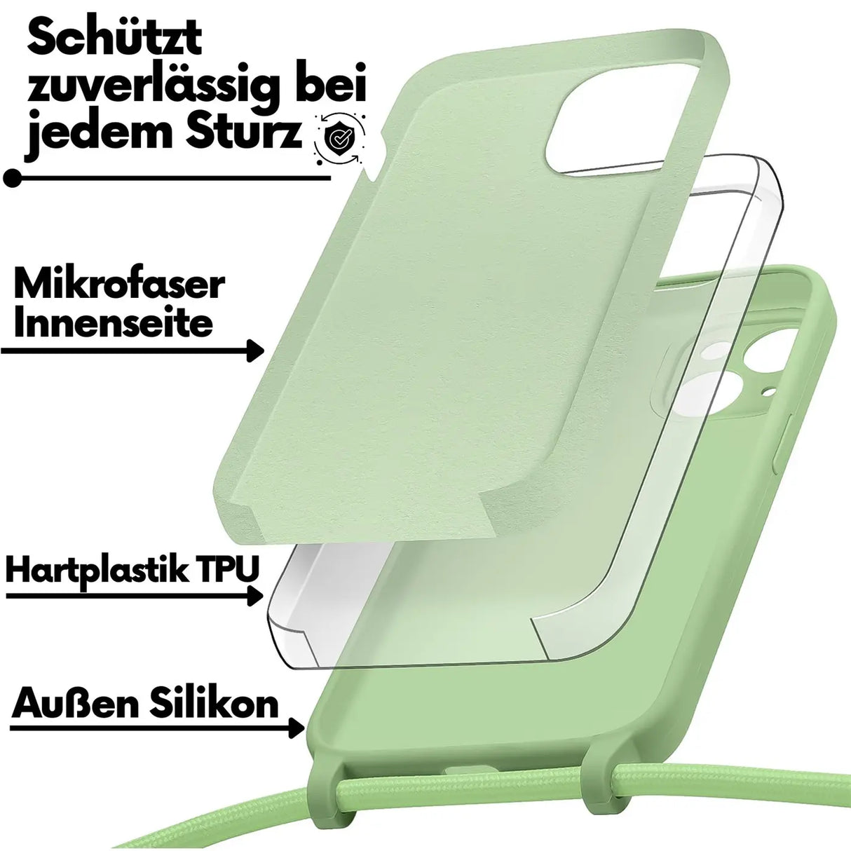 iPhone 15 Handyhülle mit Umhängeband und stoßdämpfender Konstruktion