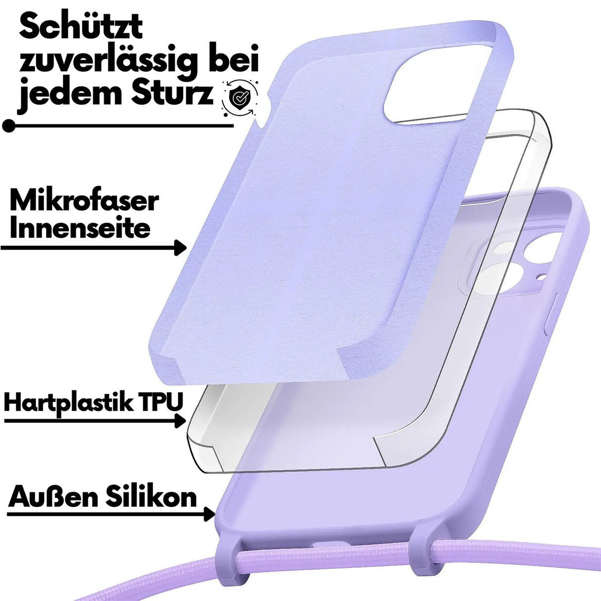 iPhone 15 Plus Handyhülle mit Umhängeband und stoßdämpfender Konstruktion