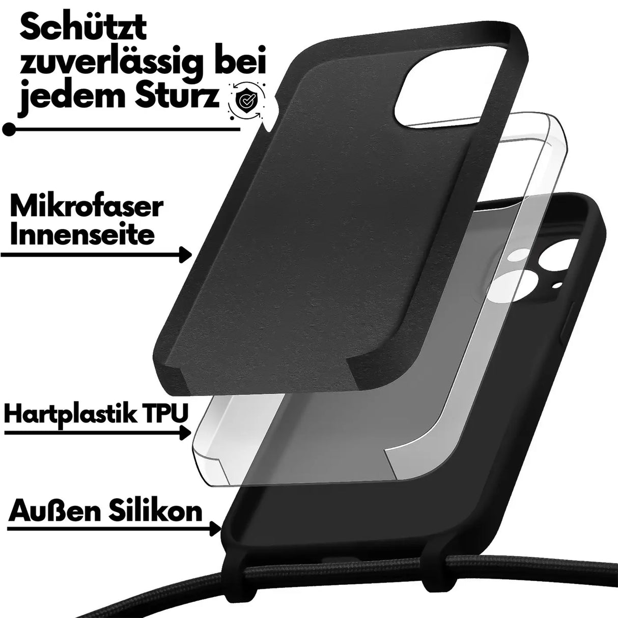 iPhone 15 Plus Handyhülle mit Umhängeband und stoßdämpfender Konstruktion