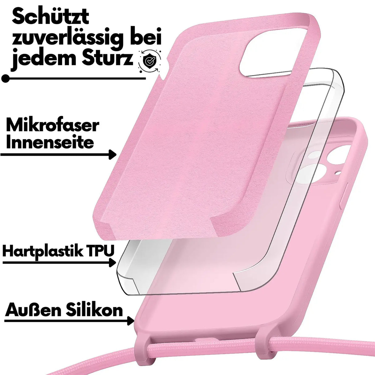 iPhone 15 Handyhülle mit Umhängeband und stoßdämpfender Konstruktion