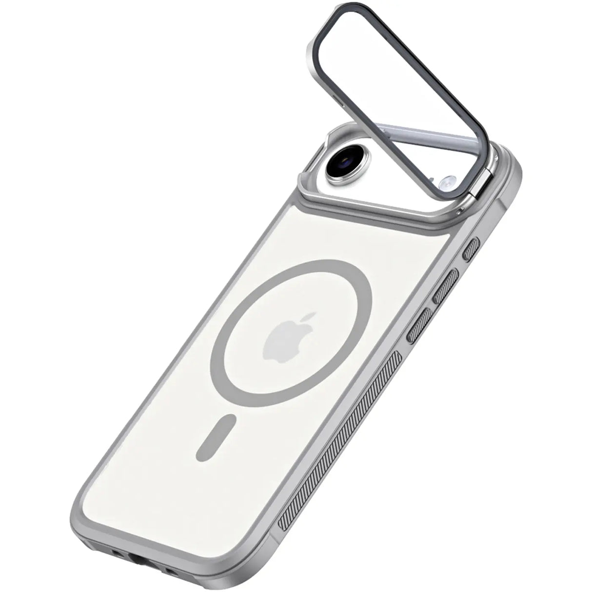 Transparente Hülle mit silbernem Rahmen, MagSafe, Ständer, iPhone, von oben rechts