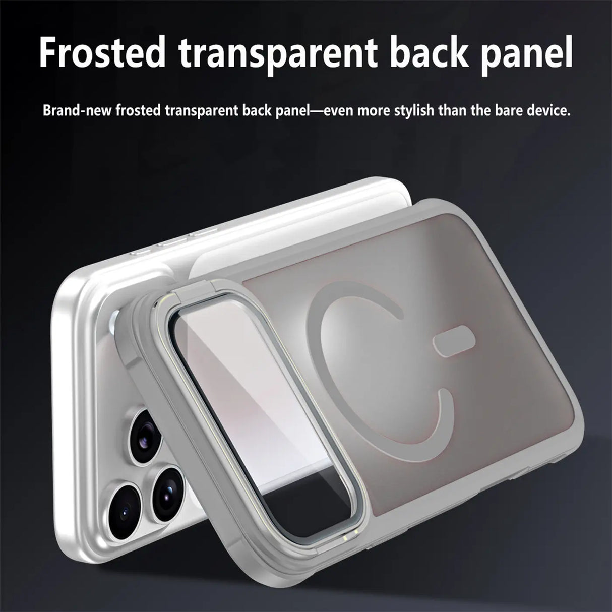 Graue MagSafe Hülle aus Kunststoff mit mattem Glas, Ständer, iPhone 13 Pro Kameras.