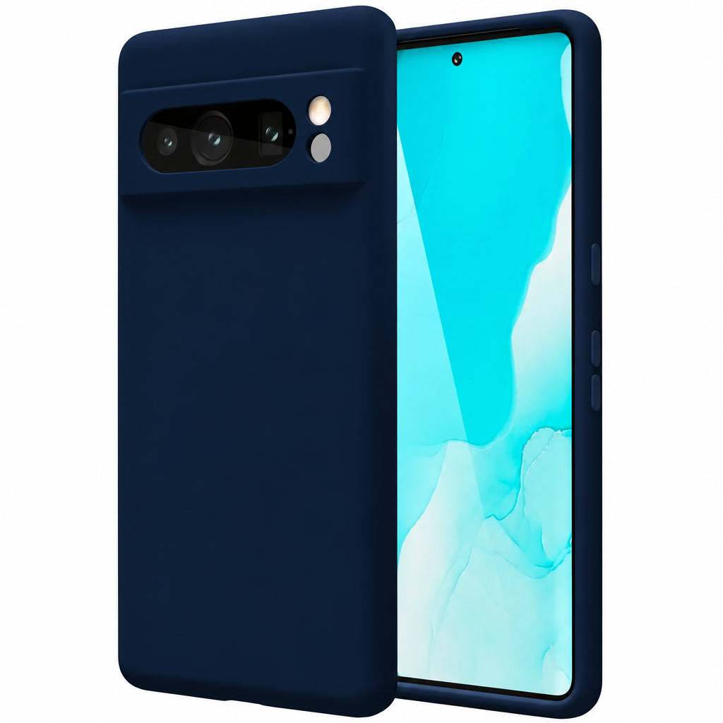 Türkise Silikonhülle für Google Pixel 8 Pro, Rückseite mit Kameraausschnitt und Vorderseite mit Display sichtbar.