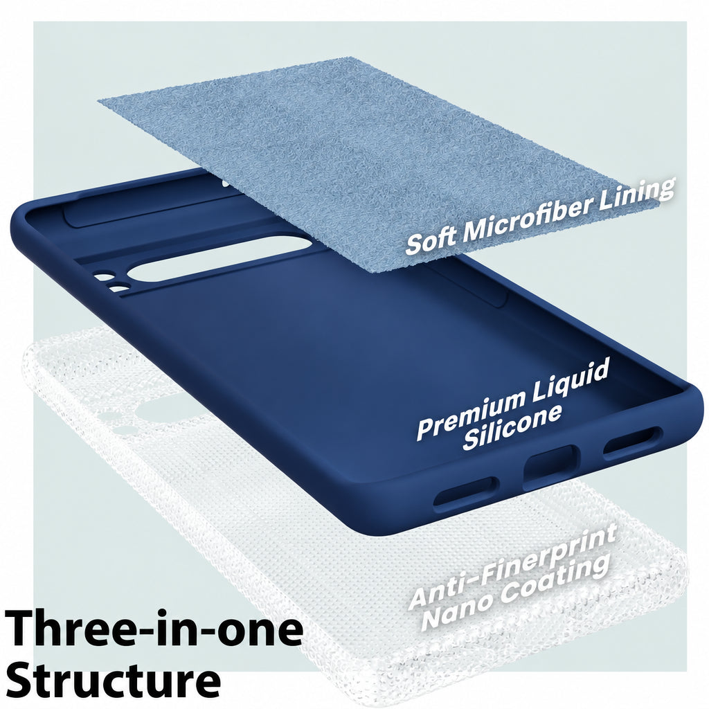 Explodierte Ansicht einer blauen Silikonhülle für Google Pixel 8 Pro mit Mikrofaser-Futter und Nano-Beschichtung.