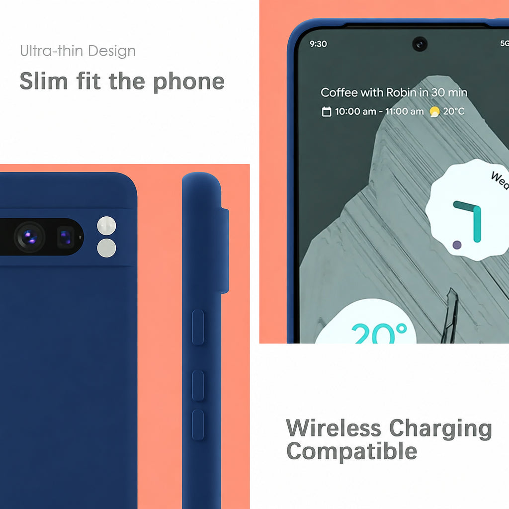 Türkise Silikonhülle für Google Pixel 8 Pro, Rückseite, Seitenansicht und Vorderseite mit Display.