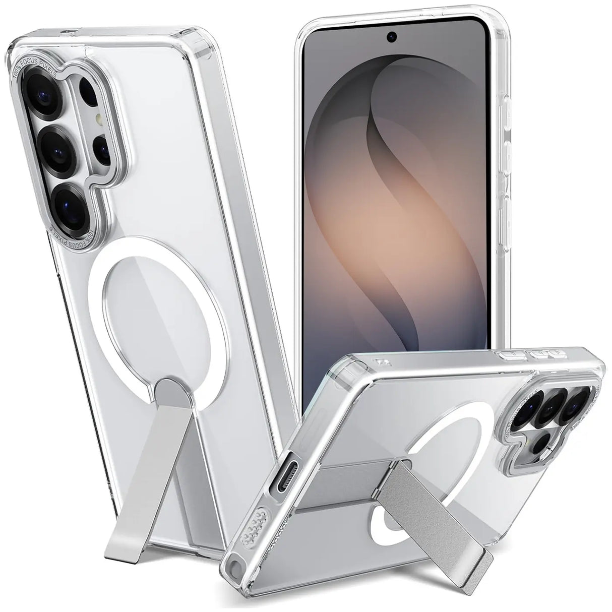 Transparente Hülle mit Ständer und MagSafe-Ring für Samsung Galaxy S26 Ultra, von vorne/seitlich