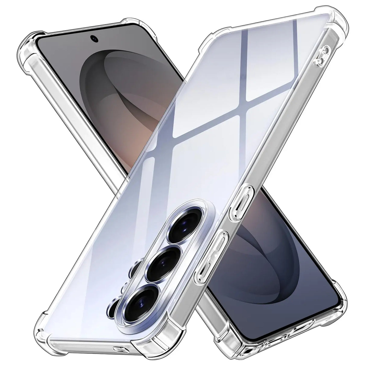 Transparente Hülle aus Kunststoff, schräg von vorne, zeigt Samsung S26 Ultra mit Kamera.