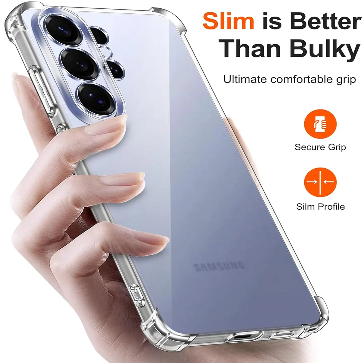 Transparente Hülle aus Kunststoff, von vorne links gehalten, zeigt Samsung S26 Ultra.