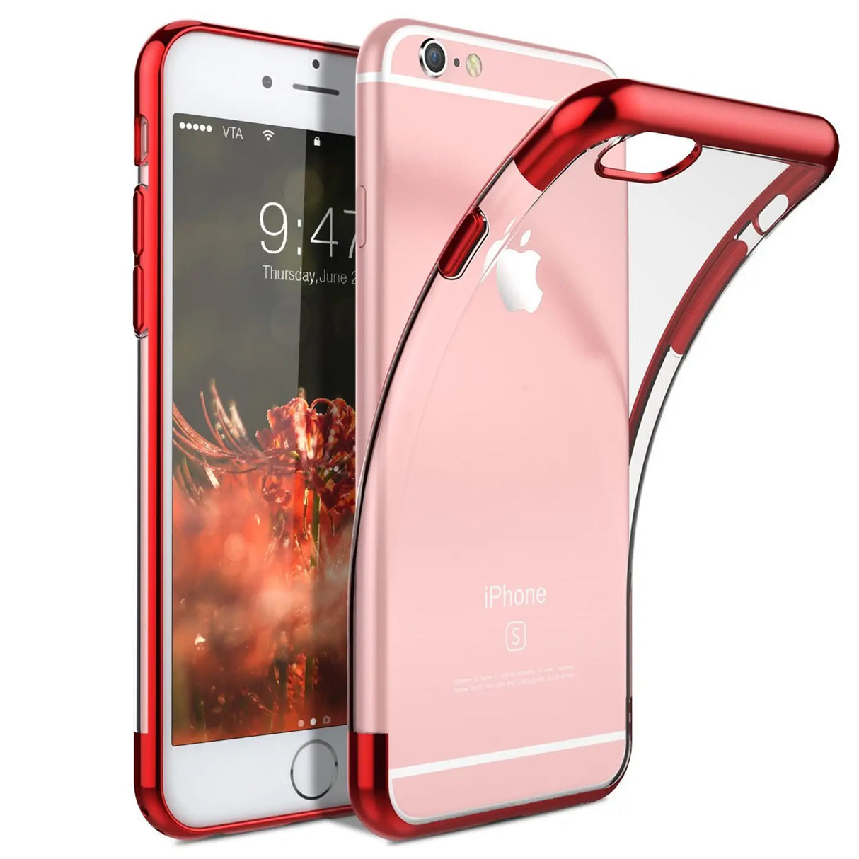 Transparente Handyhülle für iPhone 6s Plus / 6 Plus mit farblichen Akzenten in Schwarz, Rot, Blau oder Roségold.