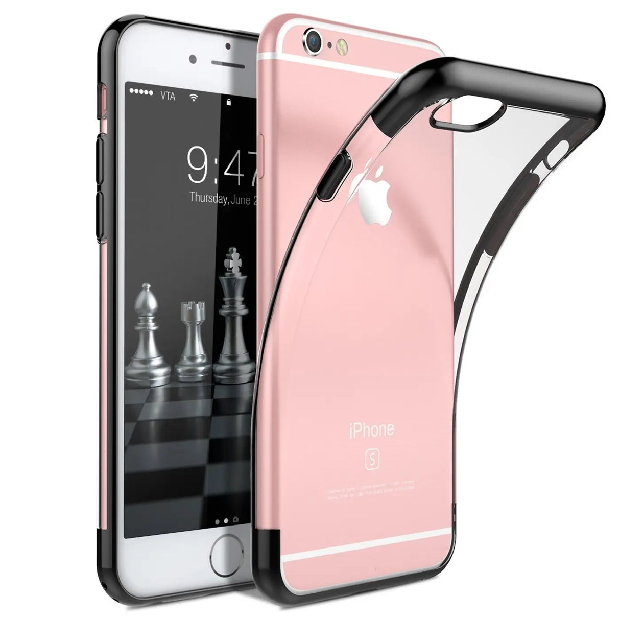 Transparente Handyhülle für iPhone 6 / 6S mit farblichen Akzenten in Schwarz, Rot, Blau oder Roségold.