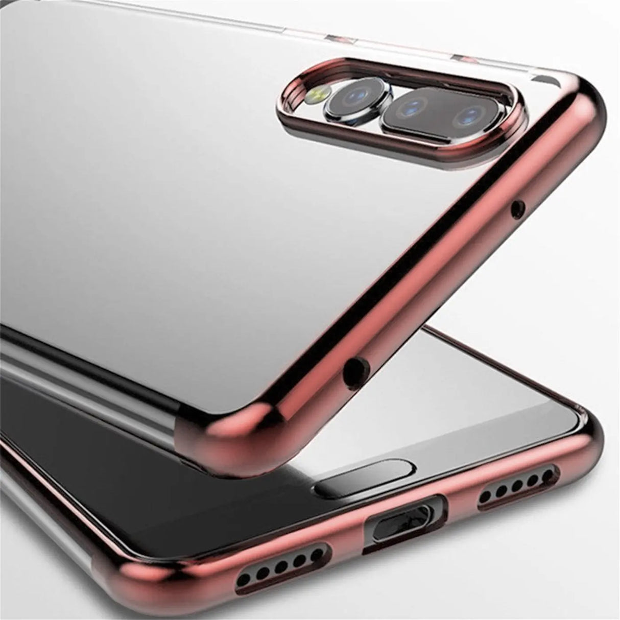 Transparente Handyhülle für Huawei P20 mit farblichen Akzenten in Schwarz, Rot, Blau oder Roségold.