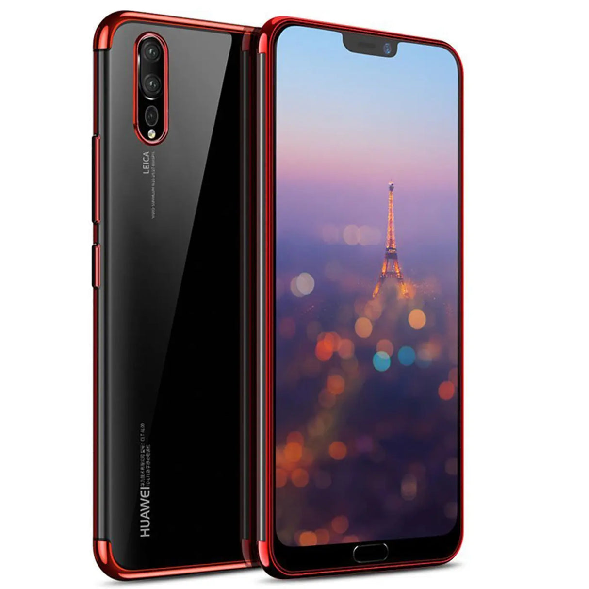 Transparente Handyhülle für Huawei P20 mit farblichen Akzenten in Schwarz, Rot, Blau oder Roségold.