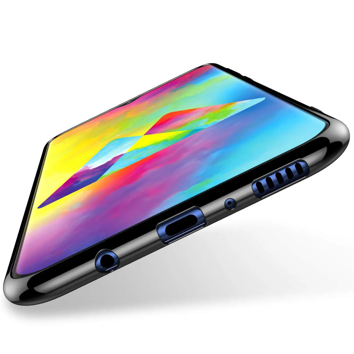 Transparente Handyhülle für Samsung Galaxy A10 mit farblichen Akzenten in Schwarz, Rot, Blau oder Roségold.