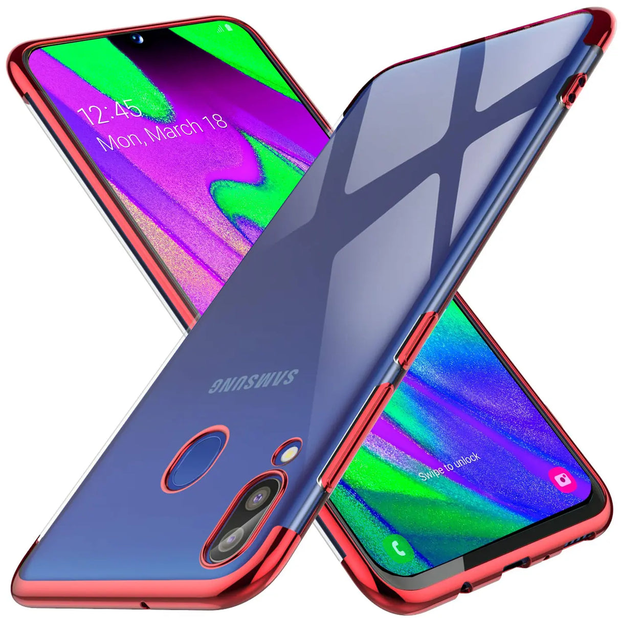 Transparente Handyhülle für Samsung Galaxy A40 mit farblichen Akzenten in Schwarz, Rot, Blau oder Roségold.