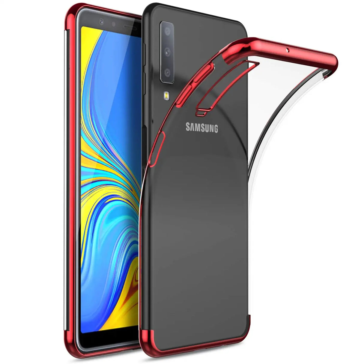 Transparente Handyhülle für Samsung Galaxy A7 2018 mit farblichen Akzenten in Schwarz, Rot, Blau oder Roségold.