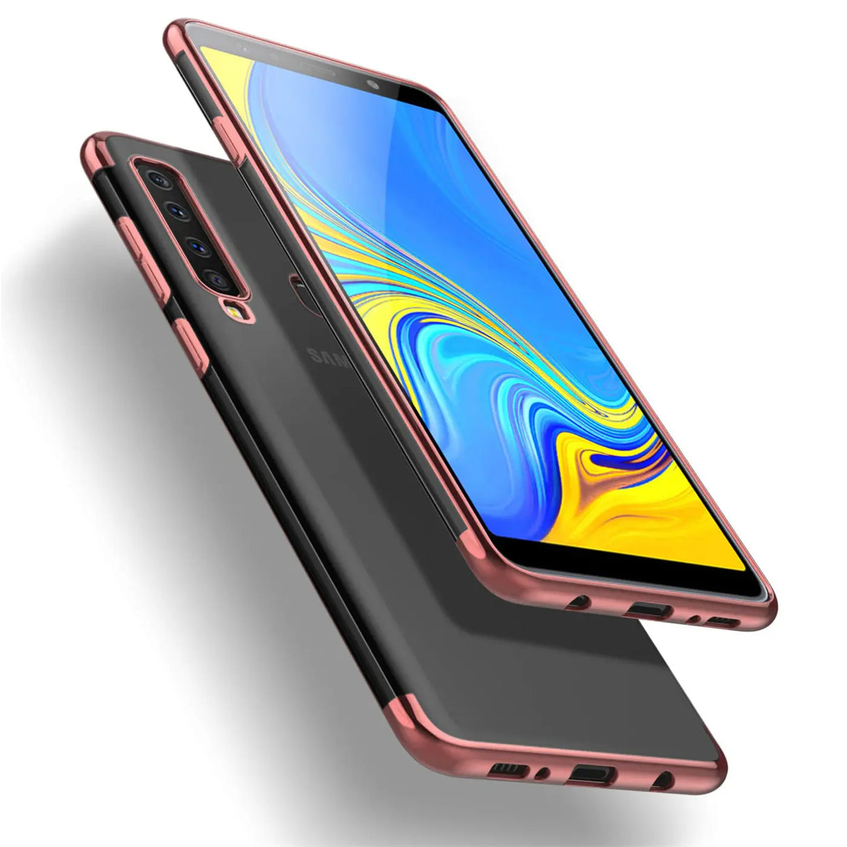 Transparente Handyhülle für Samsung Galaxy A9 2018 mit farblichen Akzenten in Schwarz, Rot, Blau oder Roségold.