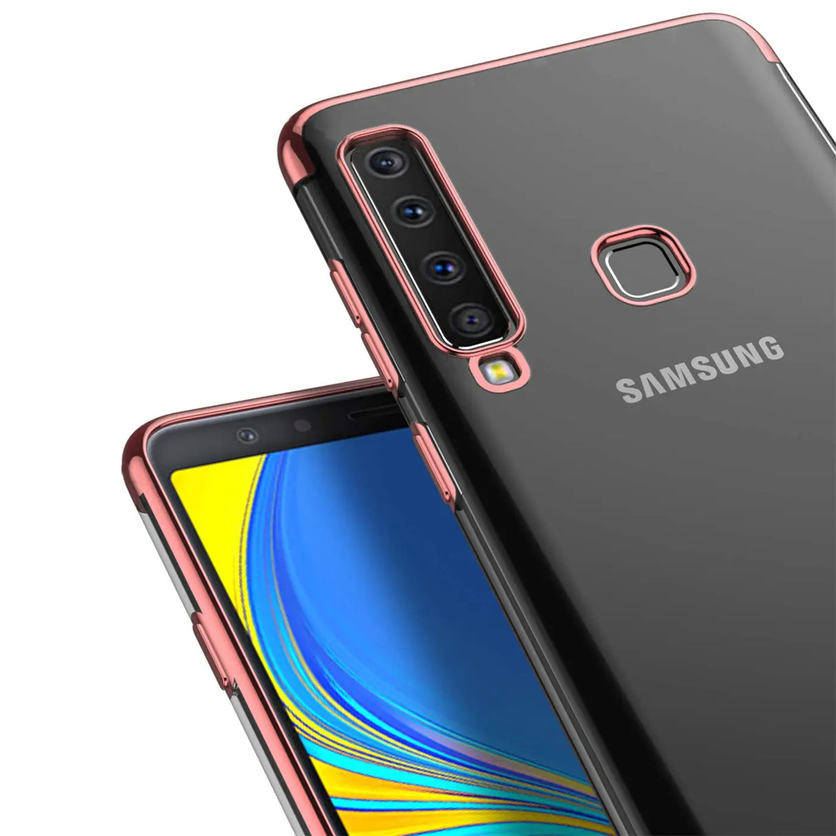 Transparente Handyhülle für Samsung Galaxy A9 2018 mit farblichen Akzenten in Schwarz, Rot, Blau oder Roségold.