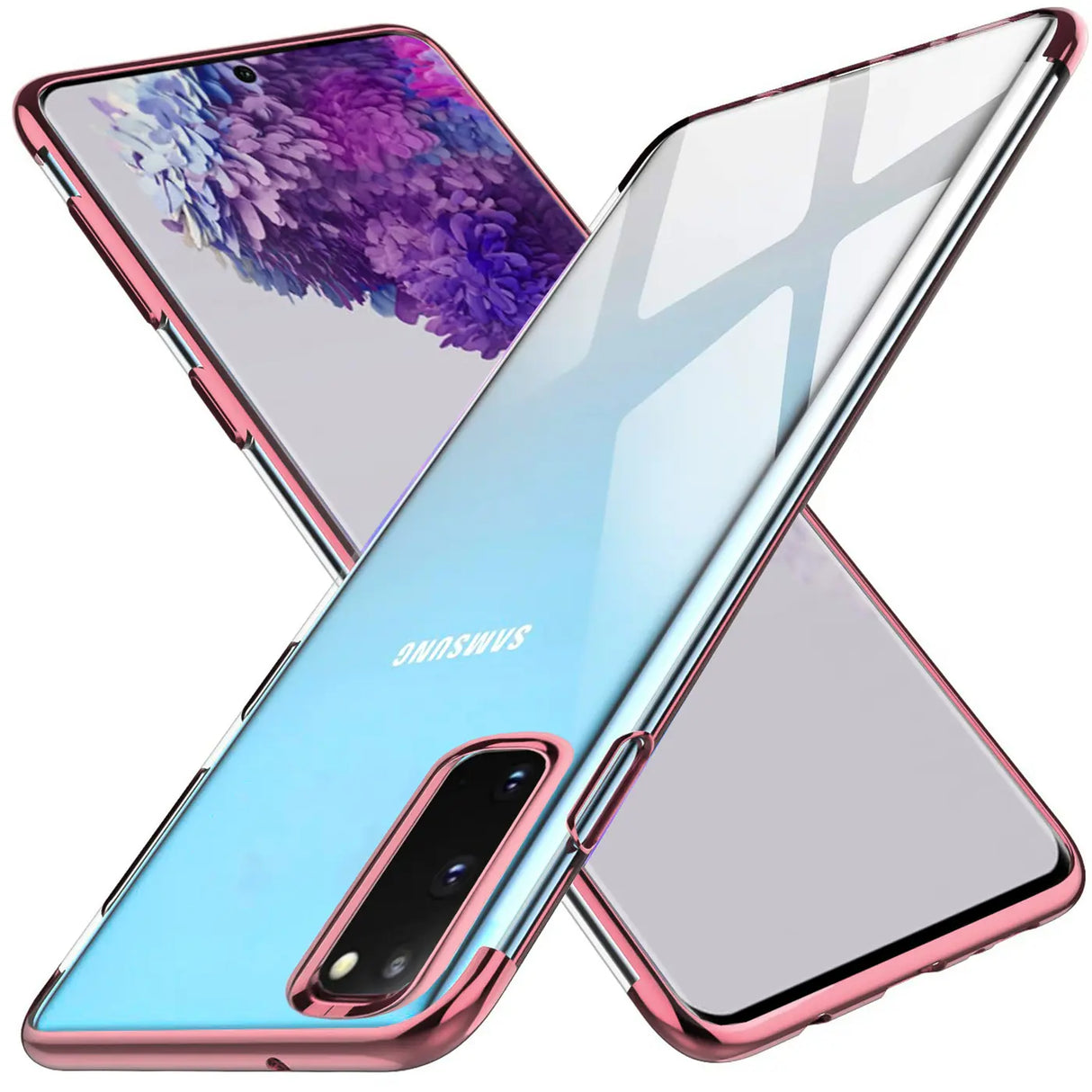 Transparente Handyhülle für Samsung Galaxy S20 Plus mit farblichen Akzenten in Schwarz, Rot, Blau oder Roségold.