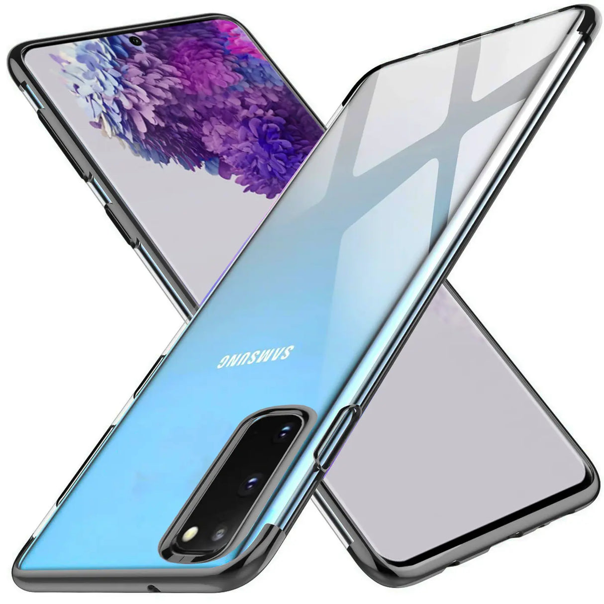 Transparente Handyhülle für Samsung Galaxy S20 Plus mit farblichen Akzenten in Schwarz, Rot, Blau oder Roségold.