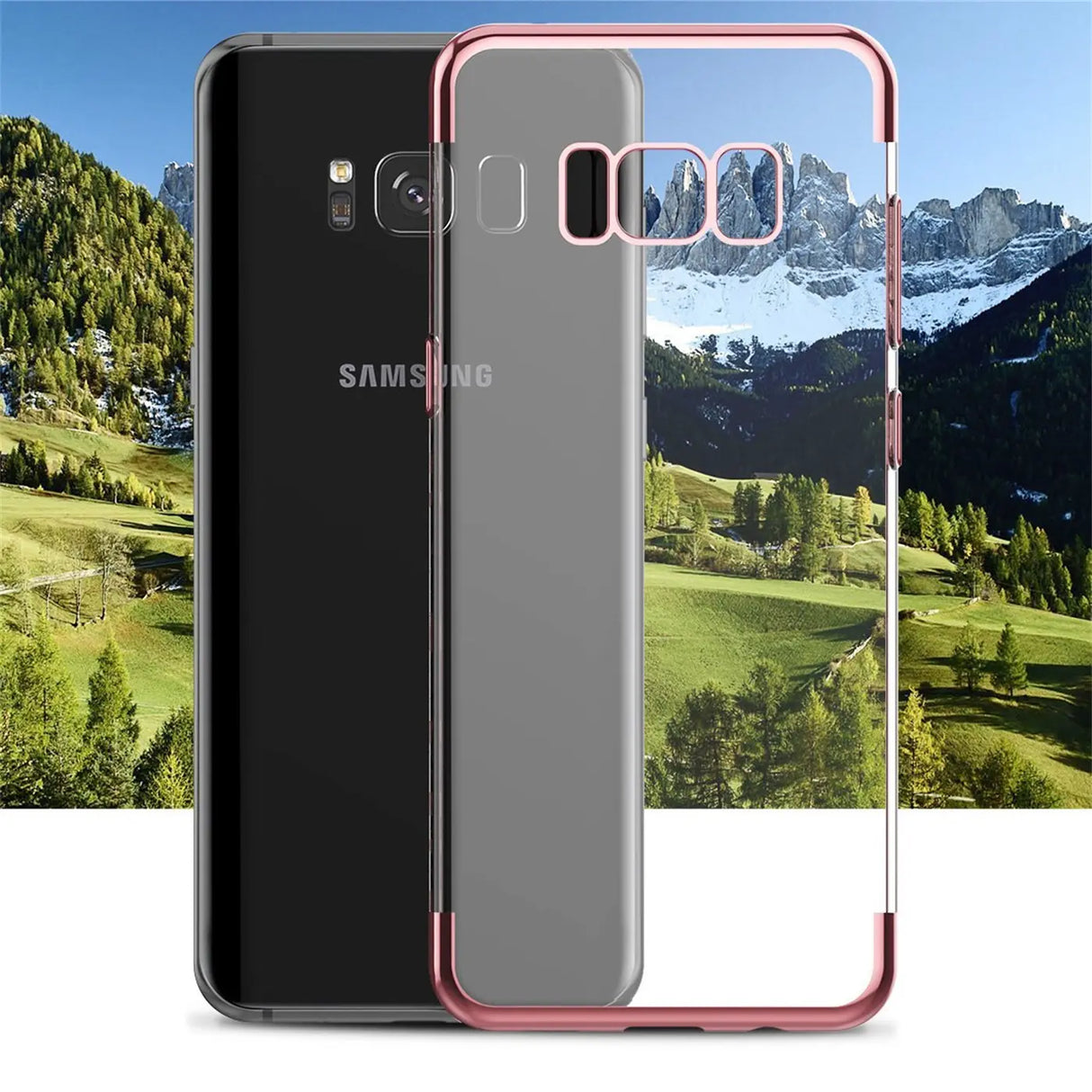 Transparente Handyhülle für Samsung Galaxy S9 Plus mit farblichen Akzenten in Schwarz, Rot, Blau oder Roségold.