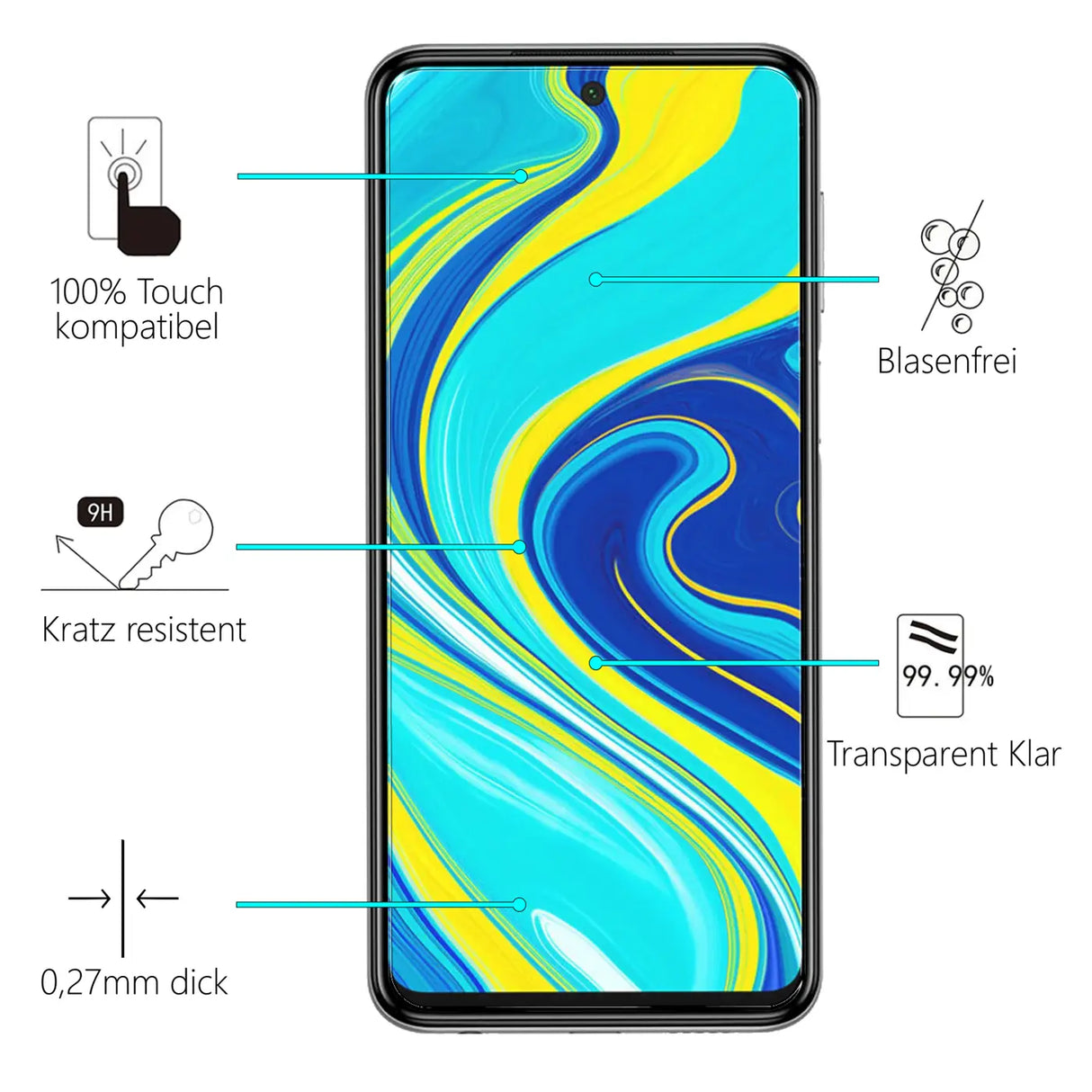 4in1 9H Displayschutz-Set für Xiaomi Redmi Note 9S, 2x Displayglas und 2x Kameraglas