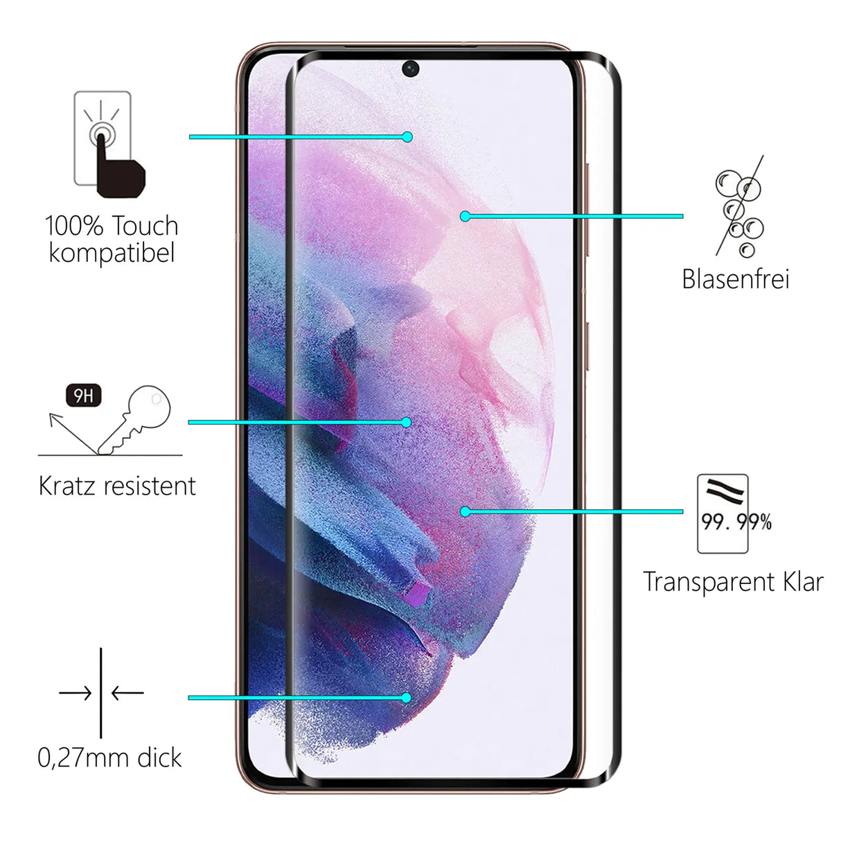 Full Screen Panzerglas für Samsung Galaxy S21 mit Farbrahmen