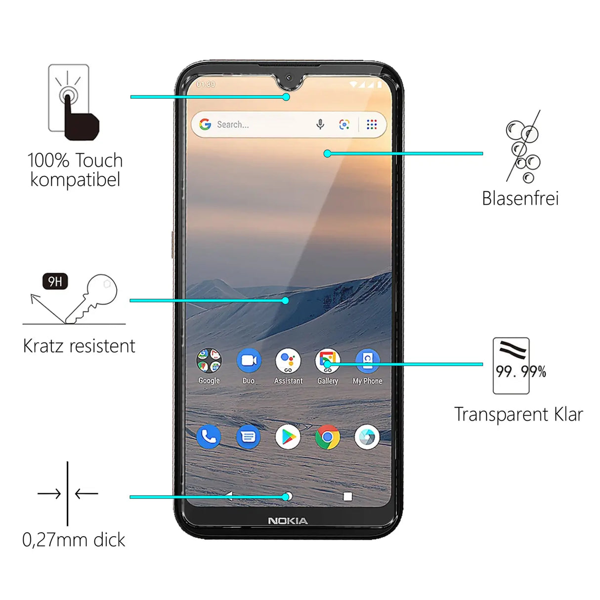 Kratzfeste und bruchsichere 9H Panzerfolie für Nokia 1.3