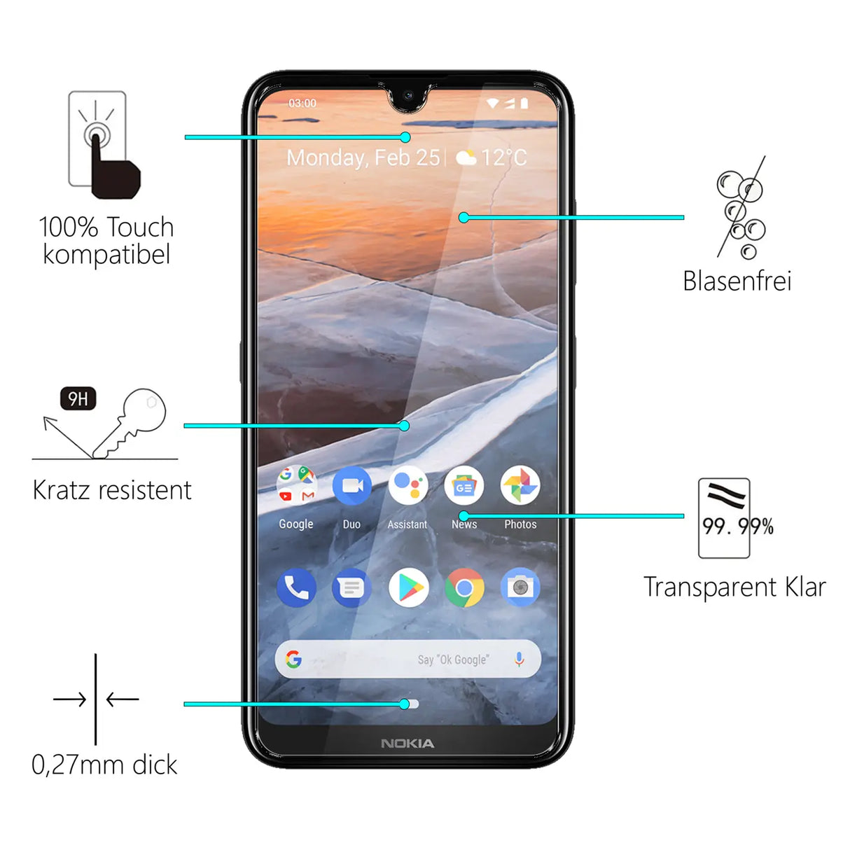Kratzfeste und bruchsichere 9H Panzerfolie für Nokia 3.2