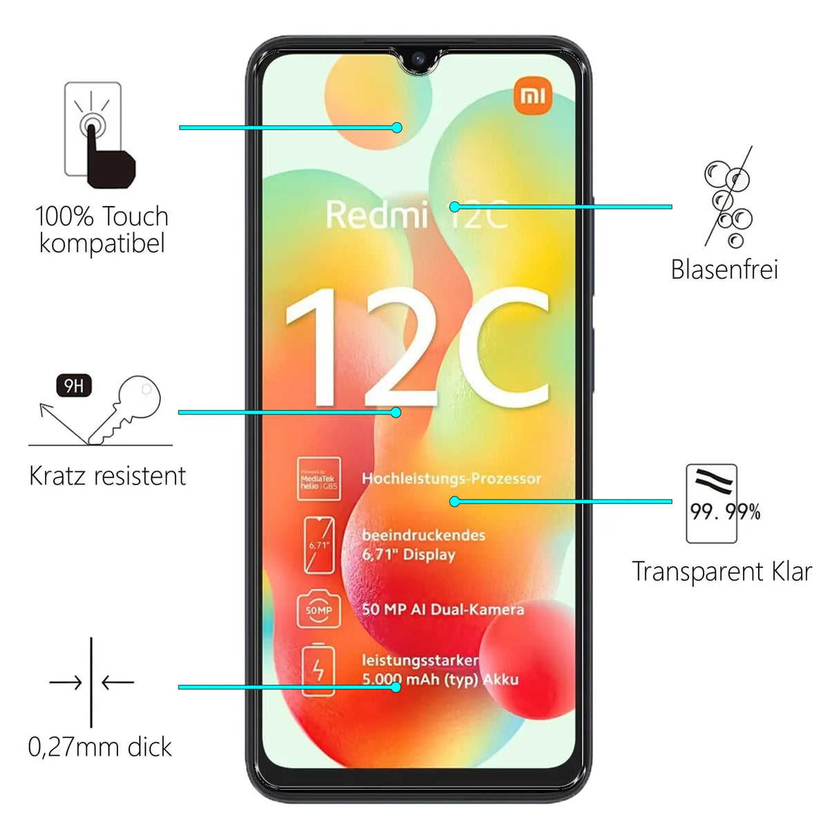Kratzfeste und bruchsichere 9H Panzerfolie für Xiaomi Redmi 12C