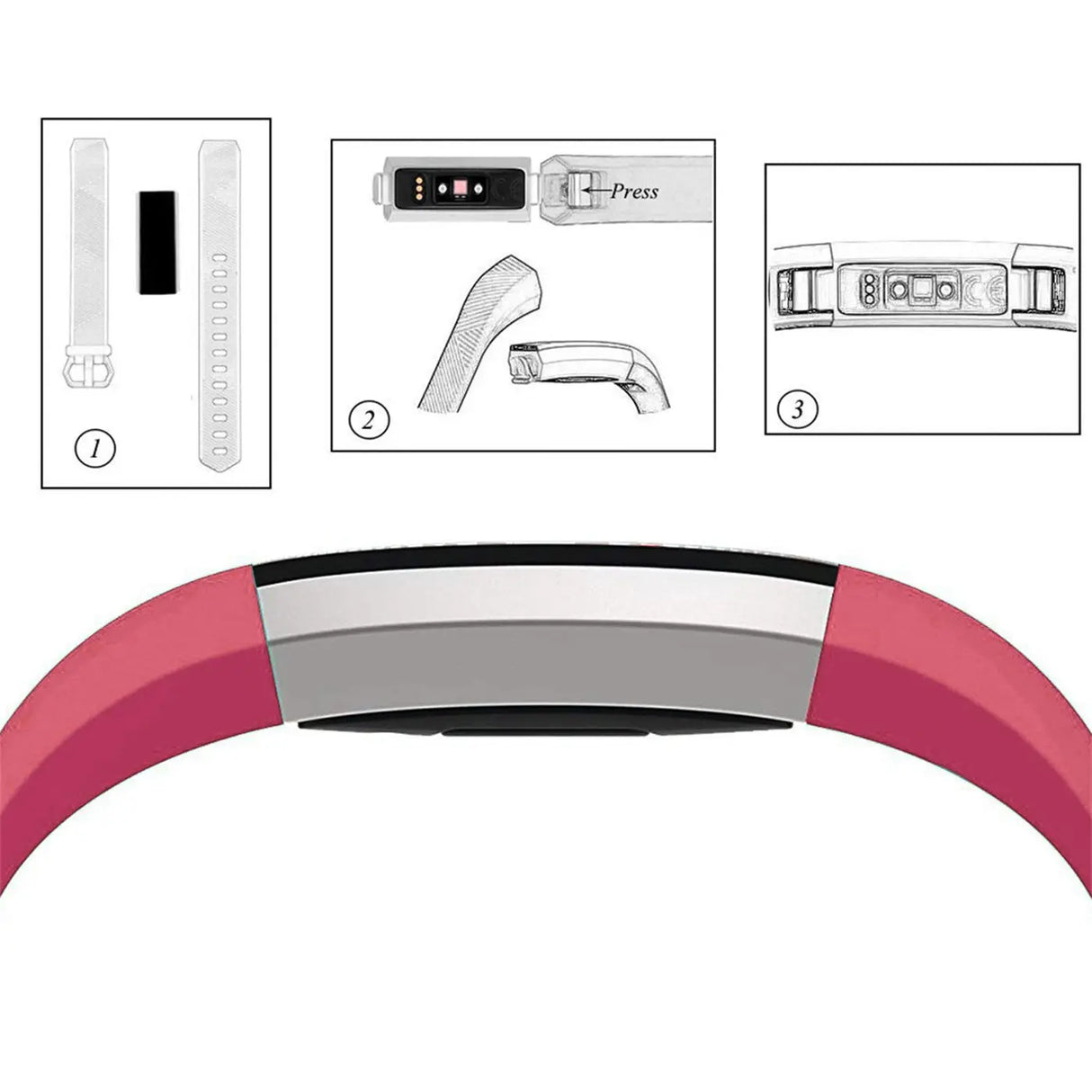 Rosa Silikonarmband für Fitbit Alta/HR, von oben. Oben: 3 Grafiken zur Montage des Trackers.
