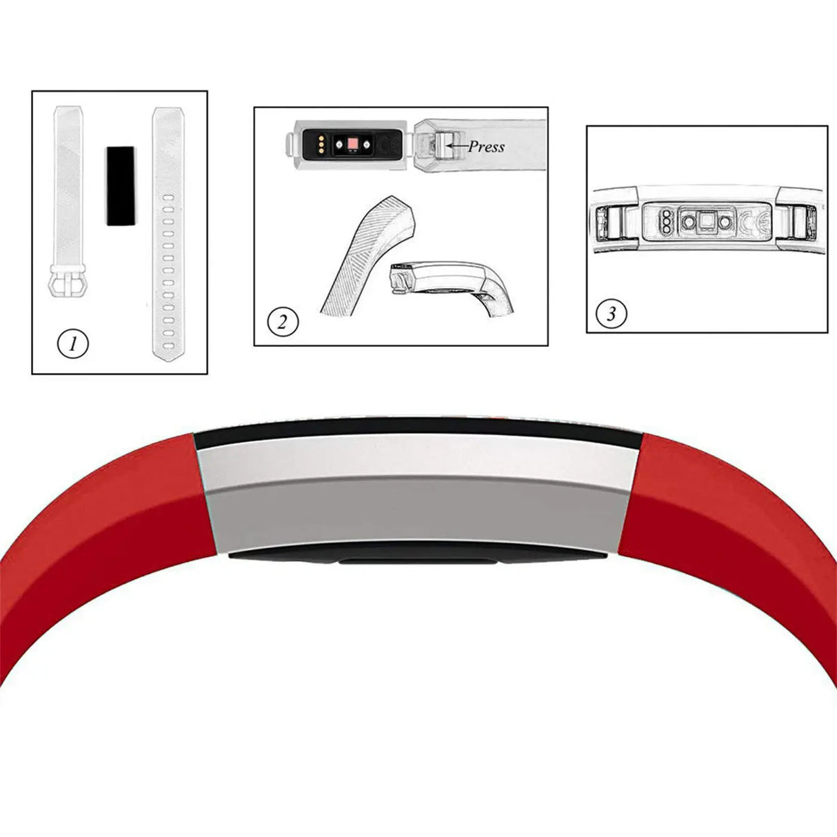 Rotes Silikonarmband für Fitbit Alta/HR, von oben. Oben links: Montageanleitung mit Armbandteilen und Tracker.