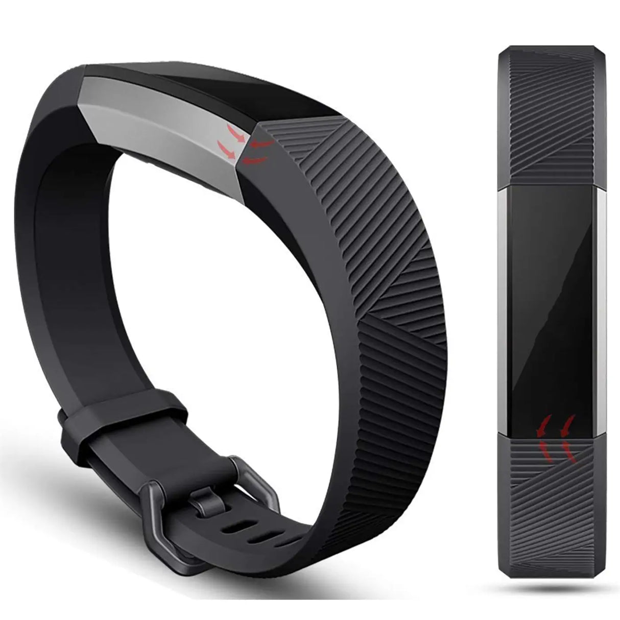 Schwarzes Silikonarmband für Fitbit Alta/HR, mit Schnalle, schräg von oben und von der Seite gezeigt.