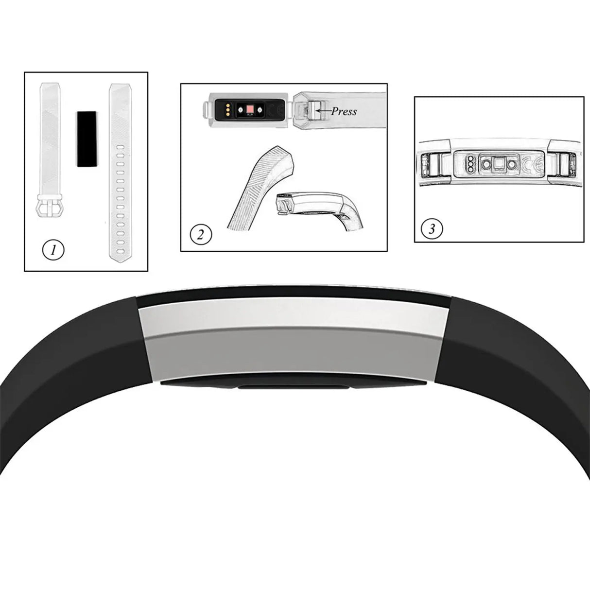 Fitbit Alta/HR Silikonarmband, schwarz, von oben. Oben: Montageanleitung für das Armband und den Tracker.