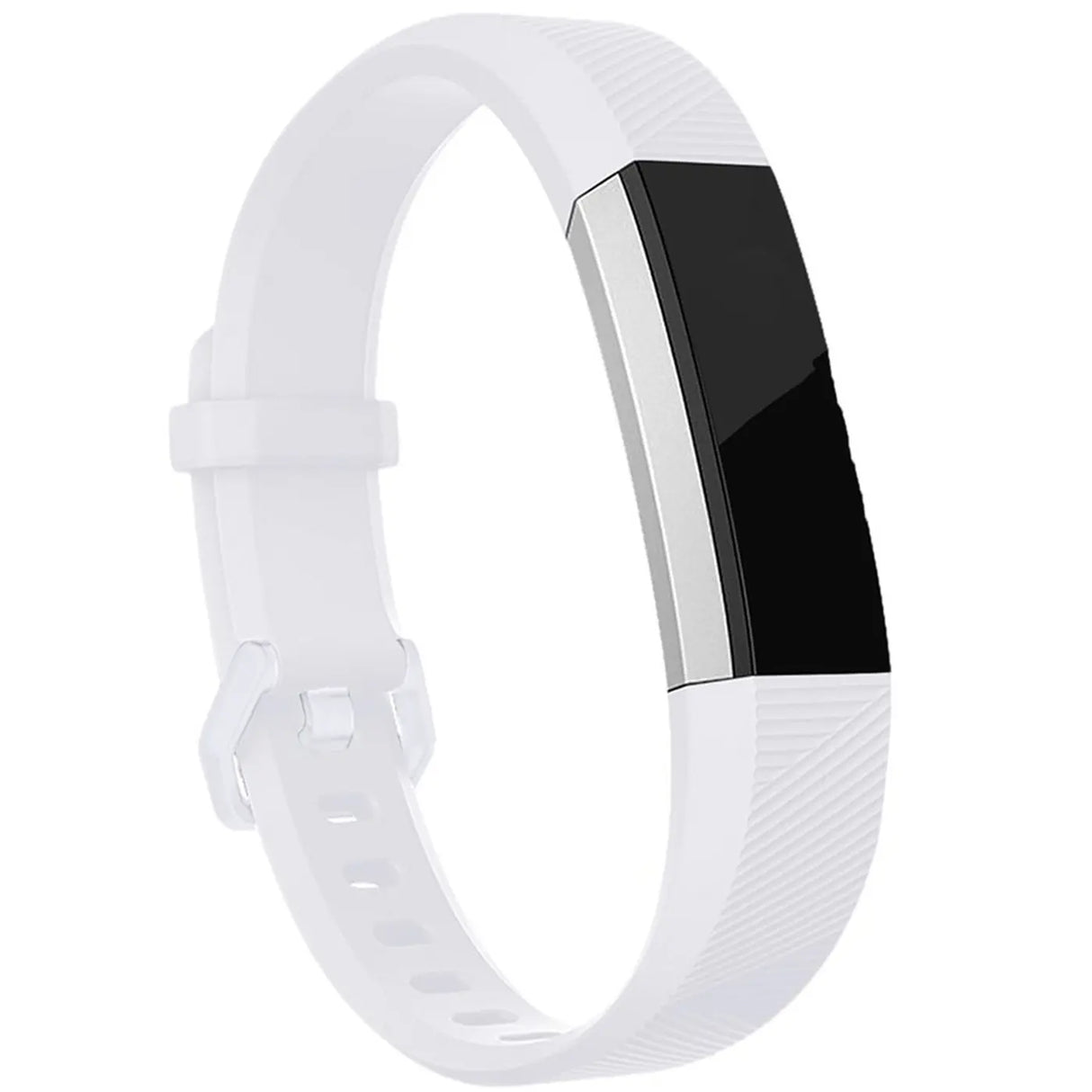 Weißes Silikonarmband für Fitbit Alta/HR, mit schwarzem Display und silbernem Rahmen, von schräg oben.