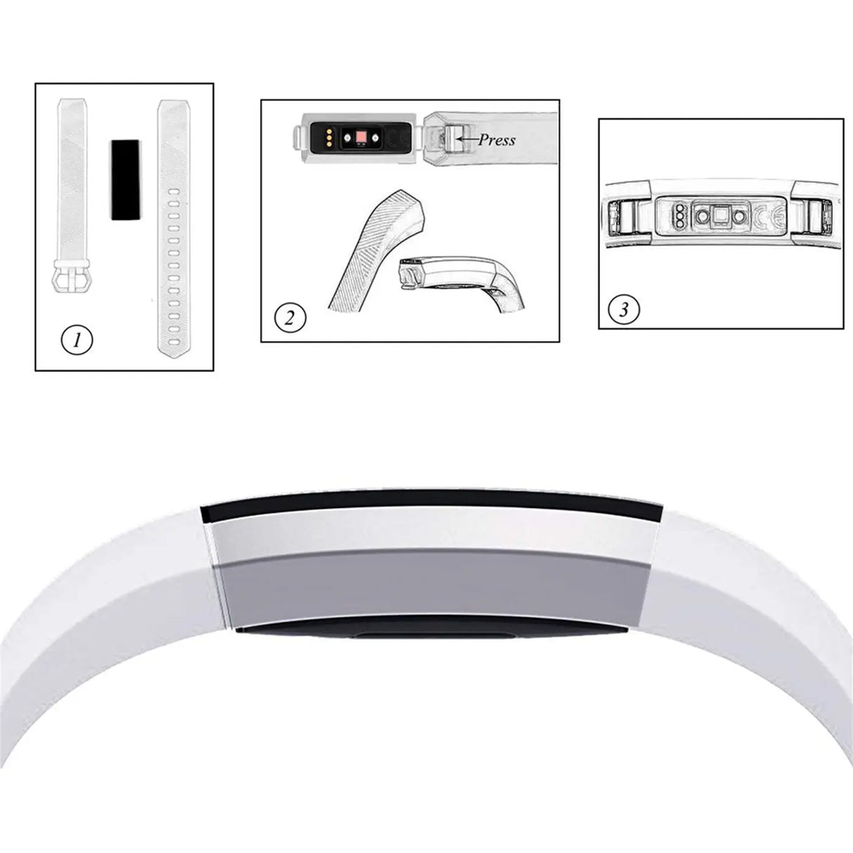 Weißes Silikonarmband für Fitbit Alta/HR, mit drei Detailansichten zur Montage des Trackers.