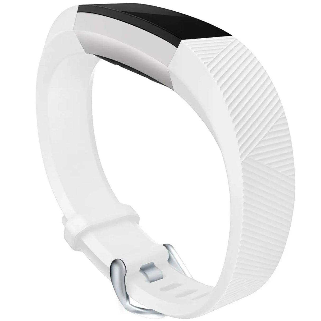Weißes Silikon-Armband für Fitbit Alta/HR mit silberner Schnalle, von oben rechts fotografiert.