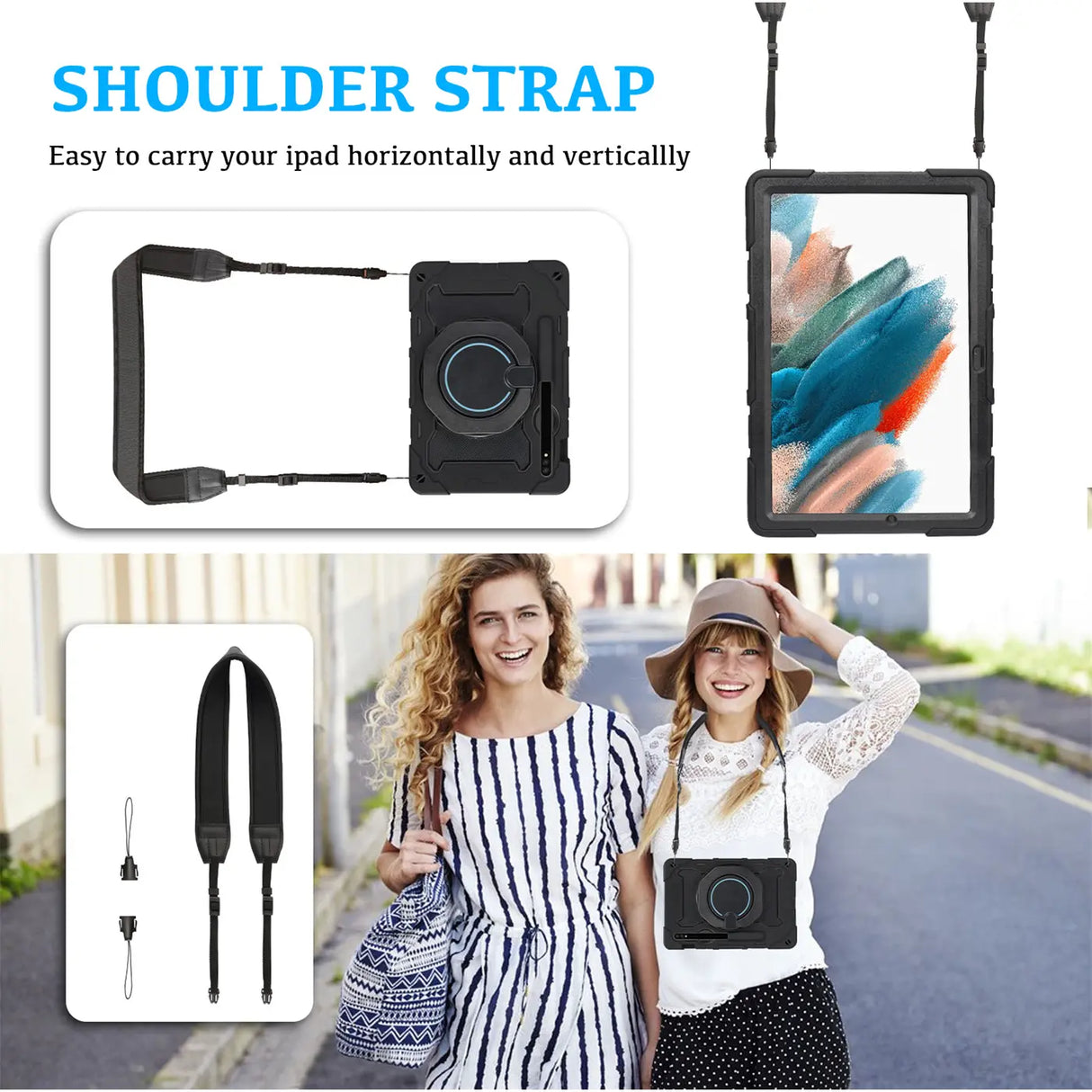 Robuste Outdoor-Schutzhülle für Samsung Galaxy Tab A8 10.5 2021 in Schwarz – Stoßfest mit 360° Ständer und Schultergurt