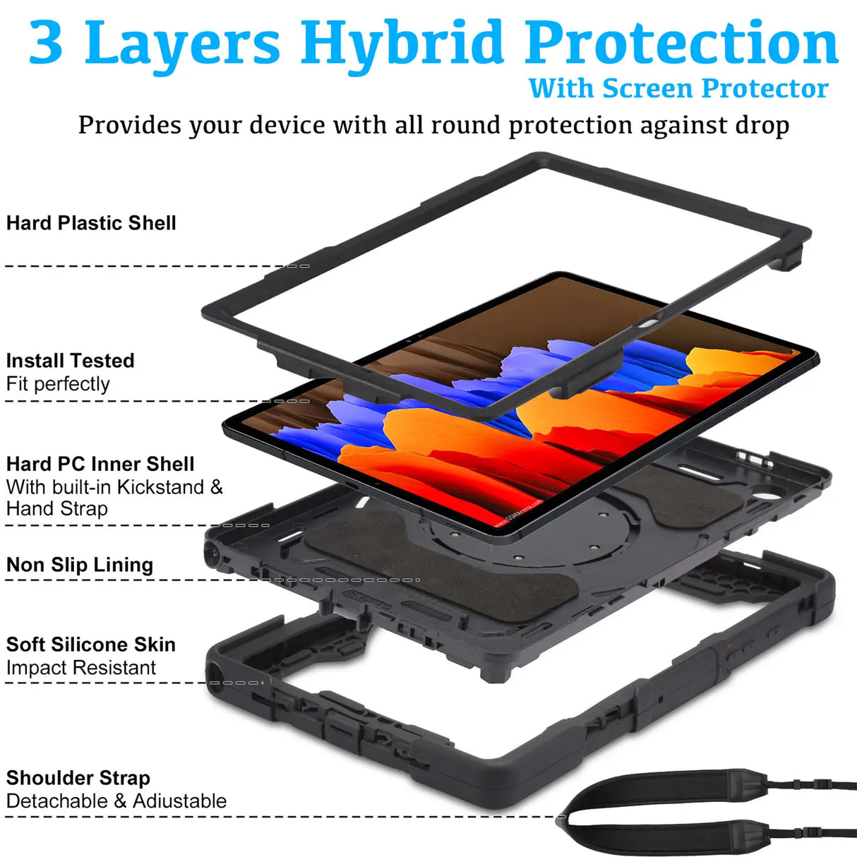Robuste Outdoor-Schutzhülle für Samsung Galaxy Tab A8 10.5 2021 in Schwarz – Stoßfest mit 360° Ständer und Schultergurt
