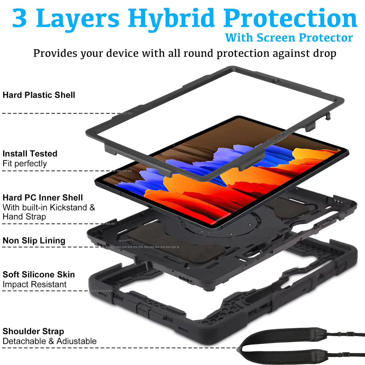 Robuste Outdoor-Schutzhülle für Samsung Galaxy Tab S7 FE / S7+ / S8+ in Schwarz – Stoßfest mit 360° Ständer und Schultergurt
