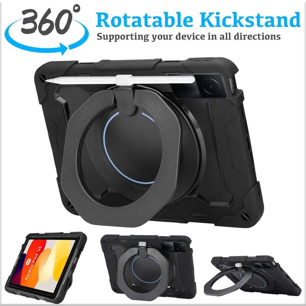 Robuste Outdoor-Schutzhülle für Redmi Pad SE in Schwarz – Stoßfest mit 360° Ständer und Schultergurt