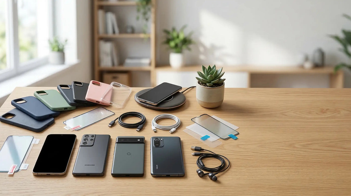 Weitwinkel-Ansicht einer organisierten Produktanordnung von modernem Smartphone-Zubehör auf einem hellen Holztisch: verschiedene Silikon-Handyhüllen, Ladekabel, Displayschutzfolien, ein drahtloses Ladegerät und vier verschiedene Telefone. Der rechte Teil ist frei für UI-Elemente.