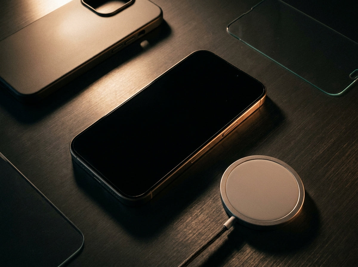 iPhone 17 mit Hülle, Panzerglas und MagSafe-Ladegerät