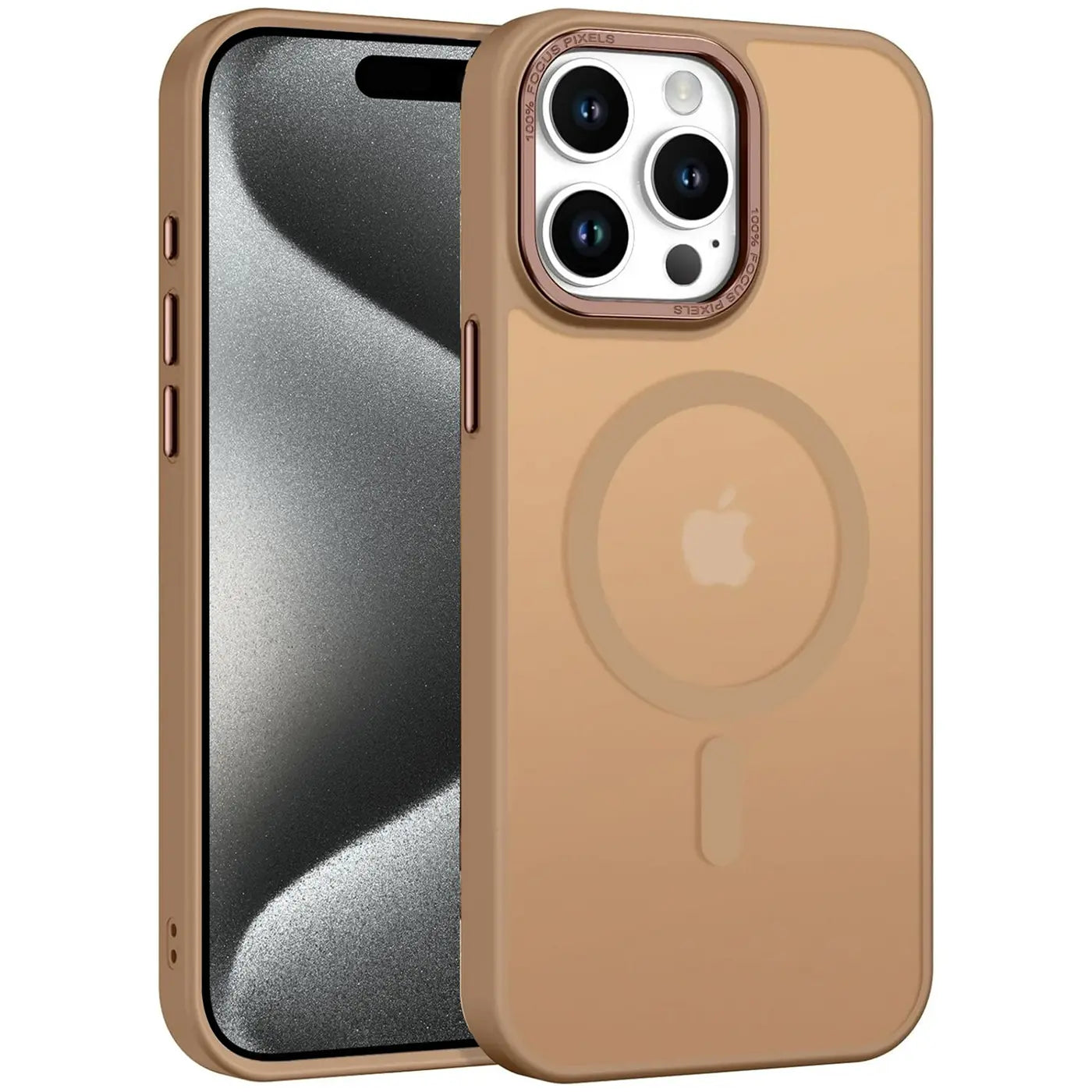iPhone 15 Pro Max mit brauner MagSafe Hülle Matt Transparent auf hellem Hintergrund