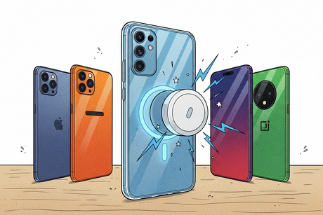 Comic-Illustration: Ein magnetisches MagSafe Ladegerät dockt automatisch und präzise an die Rückseite eines modernen Android Smartphones (z.B. Samsung Galaxy Stil) an. Blaue Energielinien visualisieren die Verbindung.