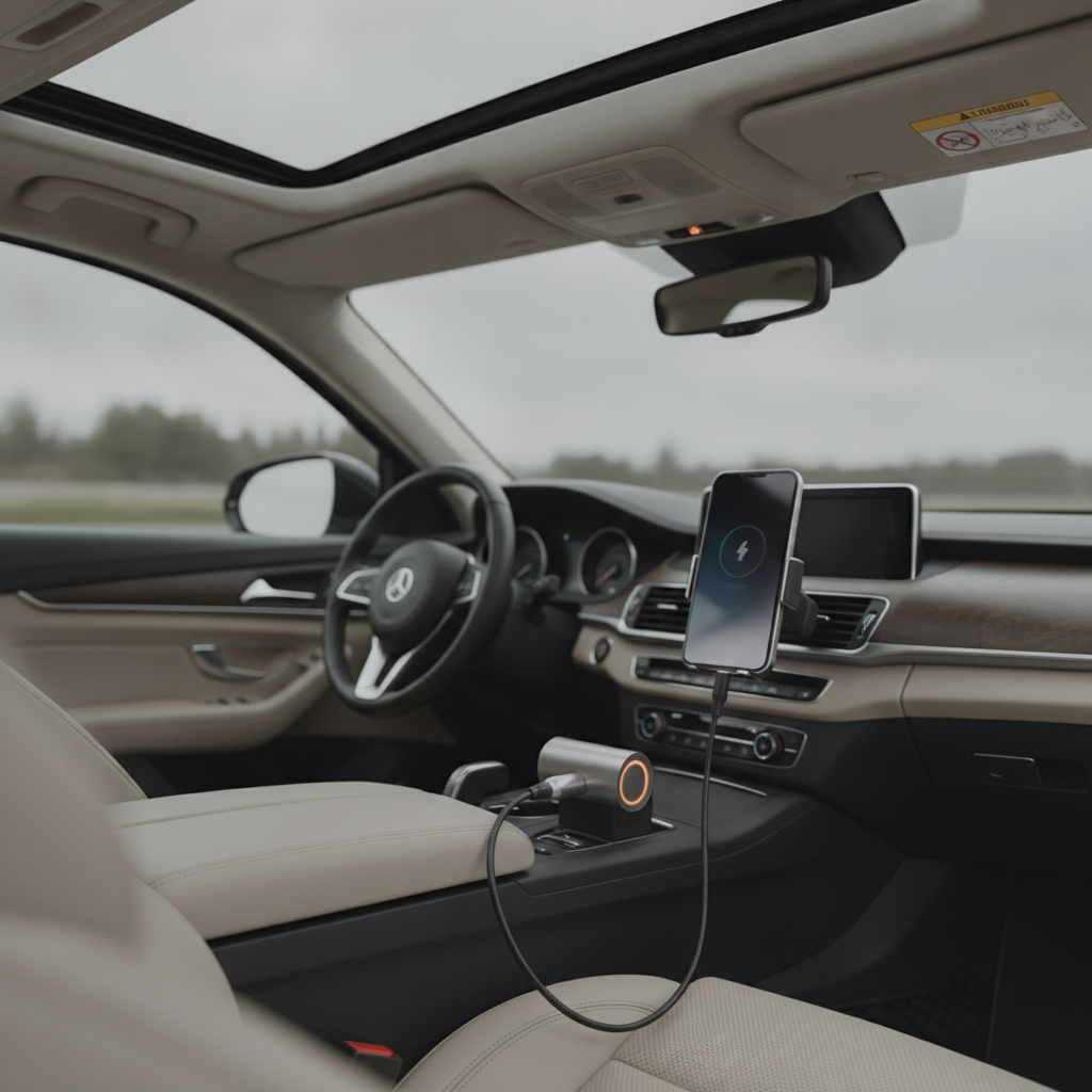USB-C KFZ-Ladegerät im Zigarettenanzünder lädt ein Smartphone im Auto