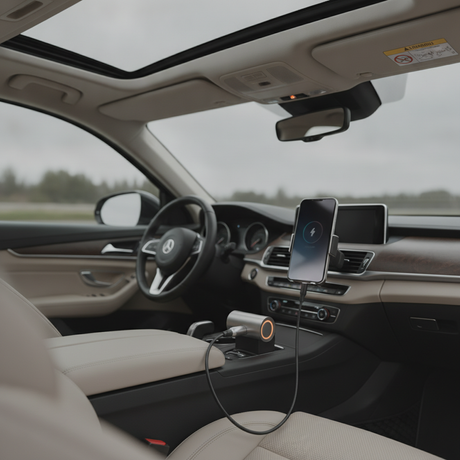 USB-C KFZ-Ladegerät im Zigarettenanzünder lädt ein Smartphone im Auto