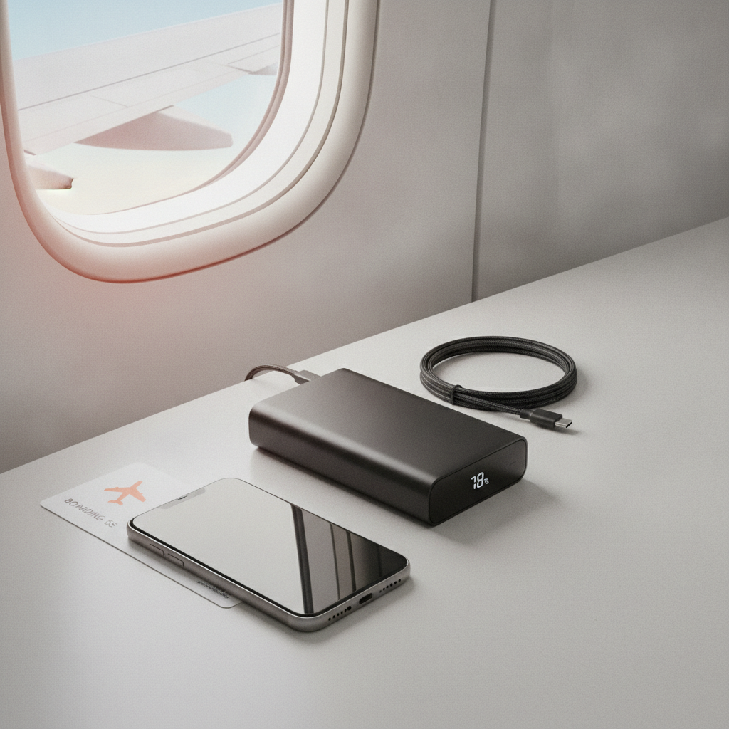 Power Bank mit USB-C Kabel und Smartphone am Flugzeugfenster