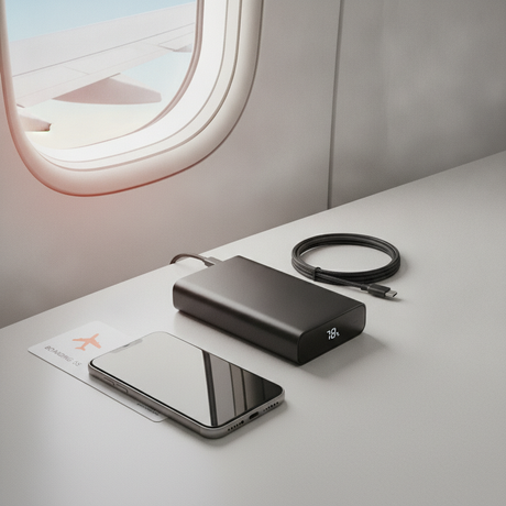 Power Bank mit USB-C Kabel und Smartphone am Flugzeugfenster