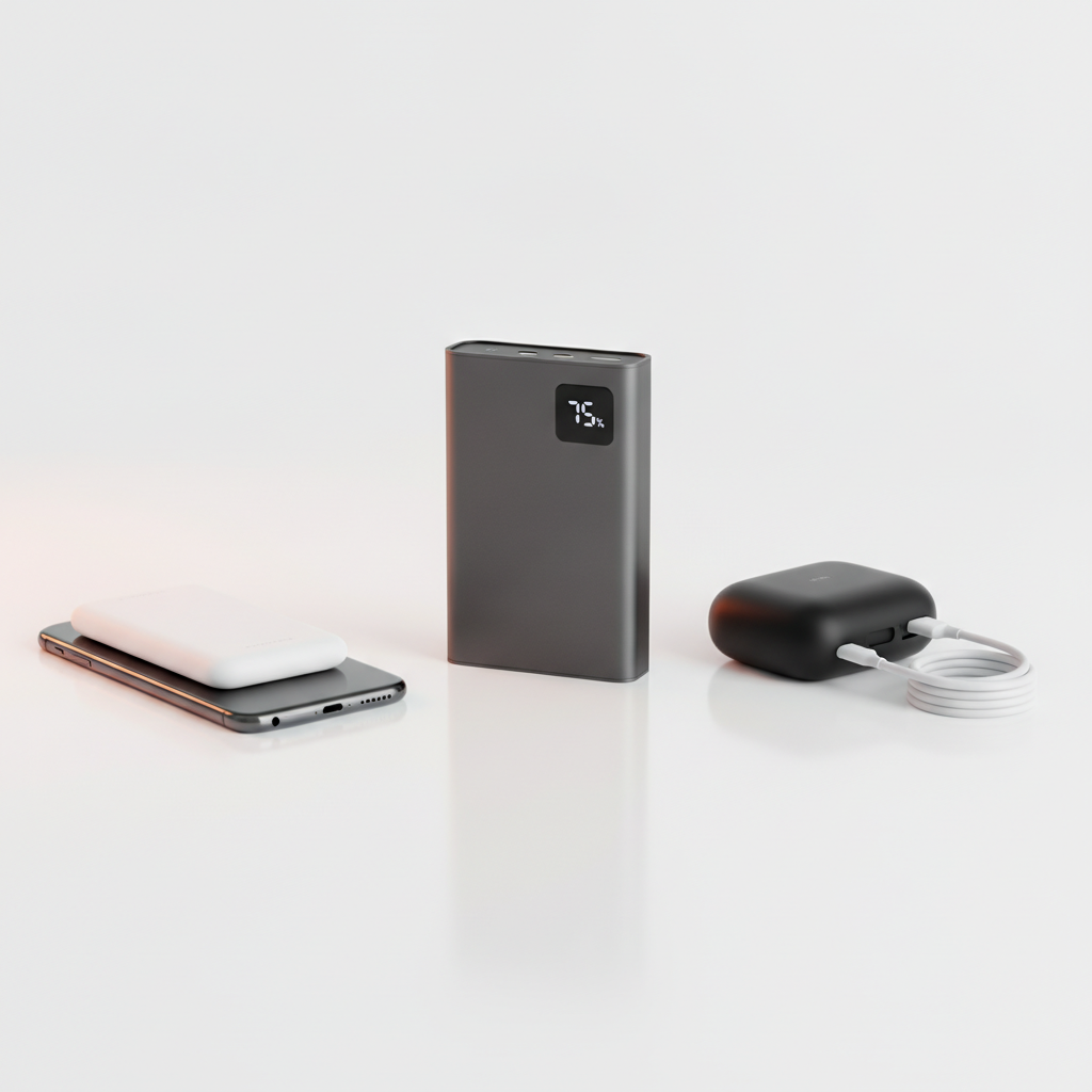 Moderne Power Banks mit Display und kabellosem Laden auf hellem Hintergrund